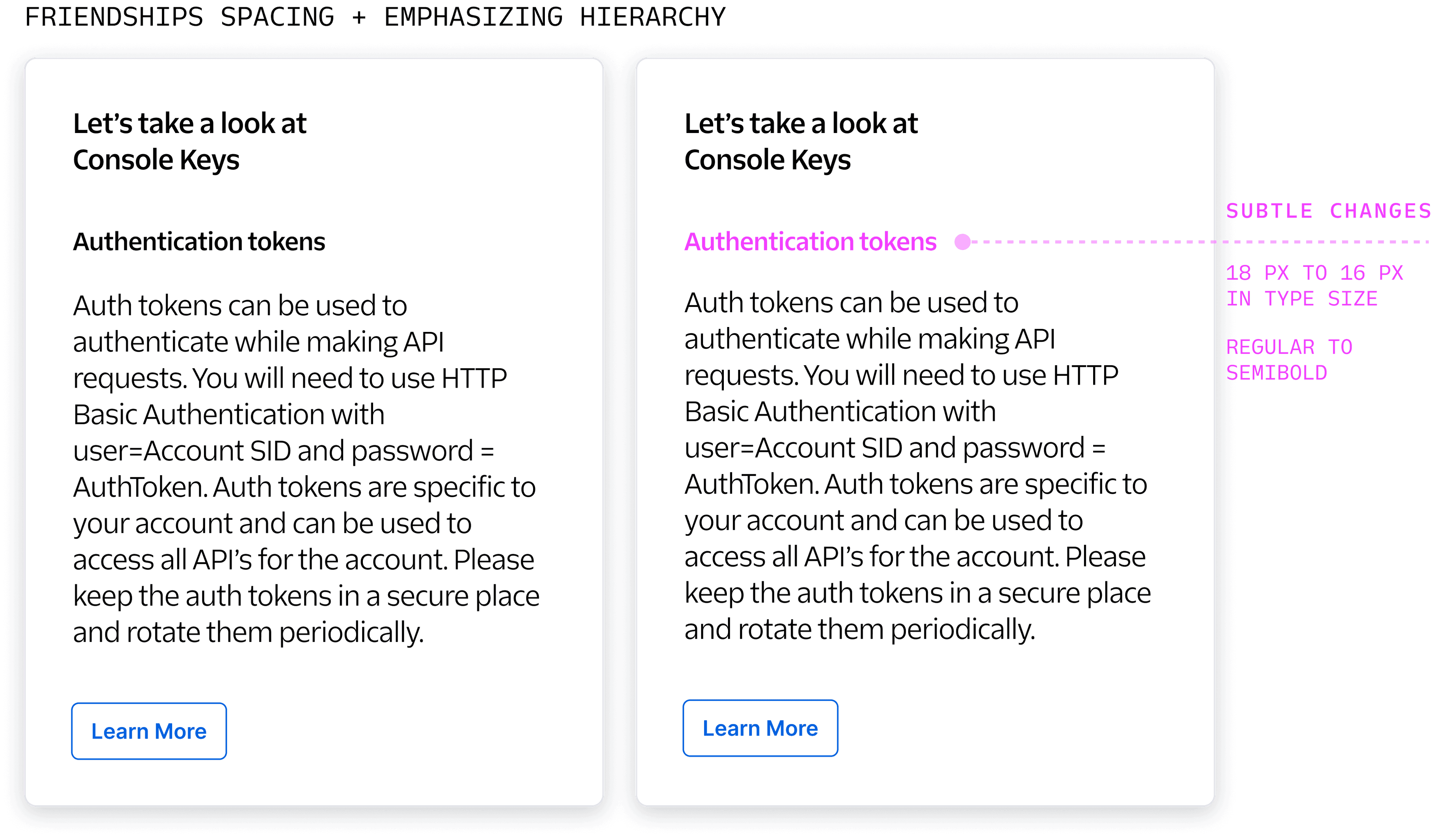 Identical side-by-side mocks (same as above), but the one on the right has just a few subtle changes: the subtitle text is 2px smaller and went from bold to semibold